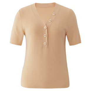 AUM噢姆夏季设计感V领宽松短杏色打底针织t恤