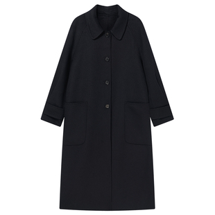 Goodland美地深蓝羊毛大衣外套女单排扣翻领2025冬新款LC35580370