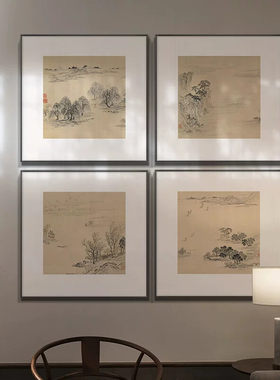 新中式酒店别墅大堂背景墙组合装饰画客厅茶室书房山水挂画玄关画