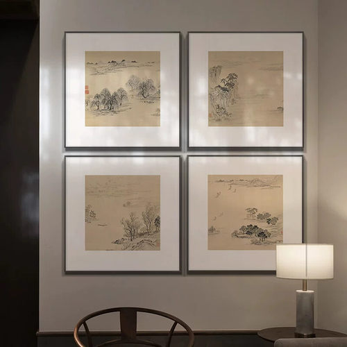 新中式酒店别墅大堂背景墙组合装饰画客厅茶室书房山水挂画玄关画