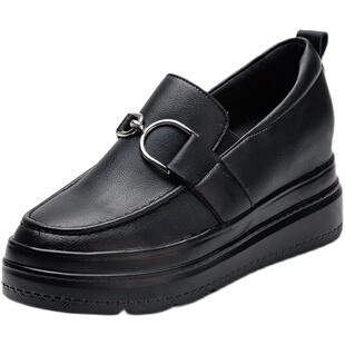 真皮内增高乐福鞋厚底黑色小皮鞋一脚蹬小码女鞋313233春秋单鞋34