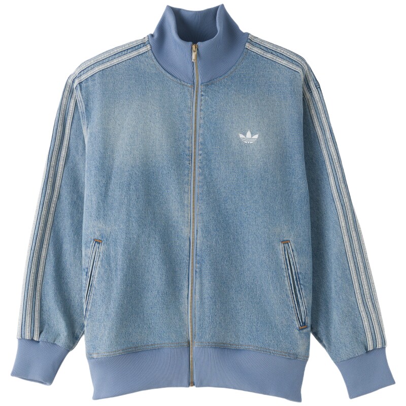 阿迪达斯三叶草男装2026秋季款牛仔蓝撞色复古条纹牛仔外套KS4970