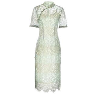反季清 旗袍女夏季中国风气质年轻款洋气日常改良蕾丝连衣裙绿色