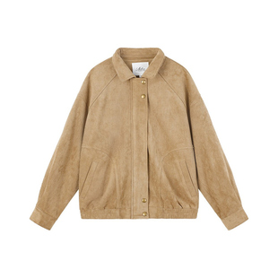 姜雯'威廉古堡'宽松短款高级感麂皮绒外套女翻领美式飞行员夹克女