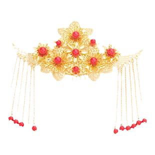 中式古风新娘旗袍头饰红色如意结手工发饰金色插梳秀禾服凤冠配饰