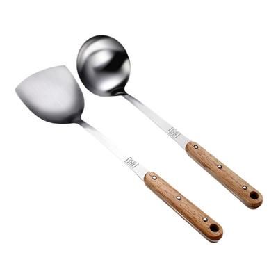 实木柄304不锈钢锅铲加厚家用炒菜铲子铲勺铲刀汤勺大号盛汤勺子