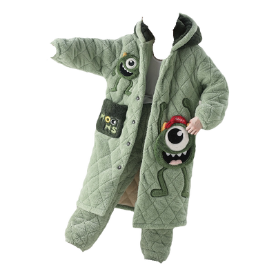 男睡衣秋冬季珊瑚绒三层夹棉加厚