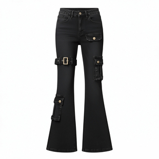 胖mm大码女装辣妹风黑色弹力工装牛仔裤女小个子加绒加厚微喇裤子