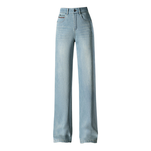 港风浅色加绒牛仔裤女中腰窄版阔腿裤宽松显瘦保暖弯刀裤长休闲裤