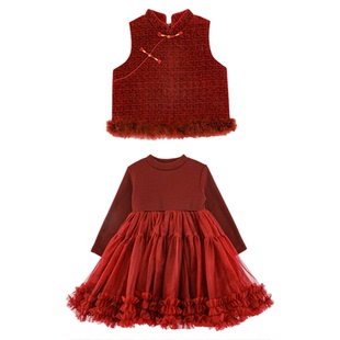 幼悠女童2025冬季新款加绒保暖小香风马甲新中式网纱裙套装拜年服