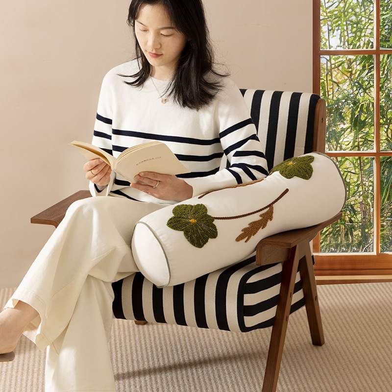 新中式风兰花刺绣长枕含芯 客厅沙发靠枕棉布绣花四季午睡枕批发