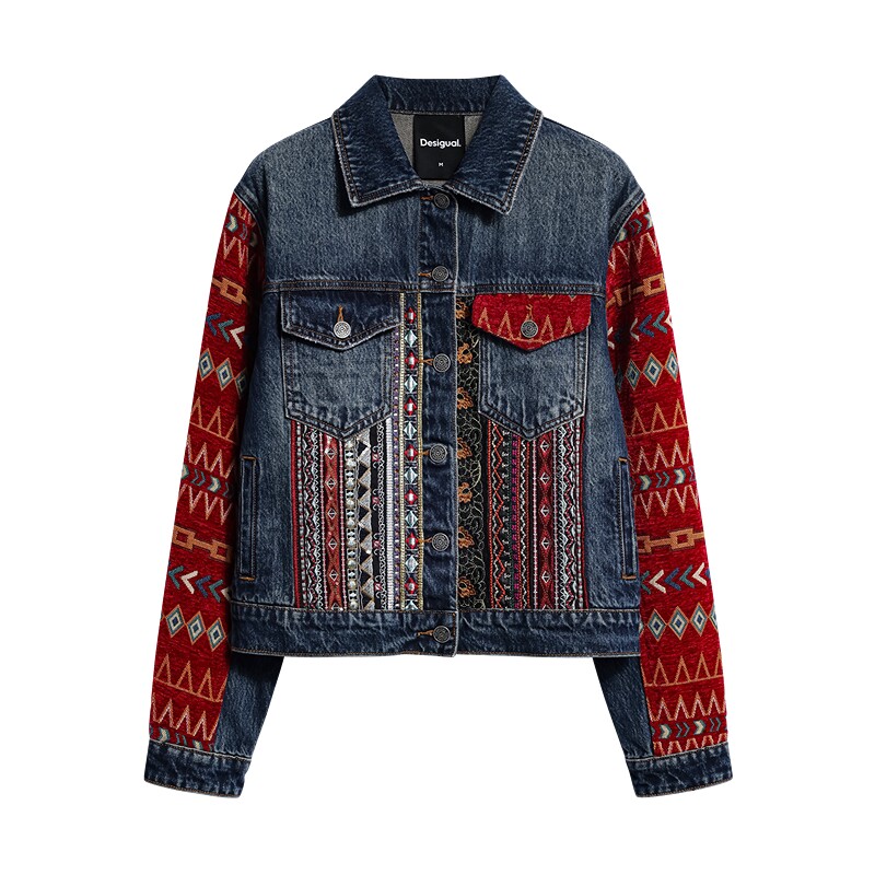 Desigual26秋冬新品游牧风几何提花拼接多口袋女式牛仔女式外套