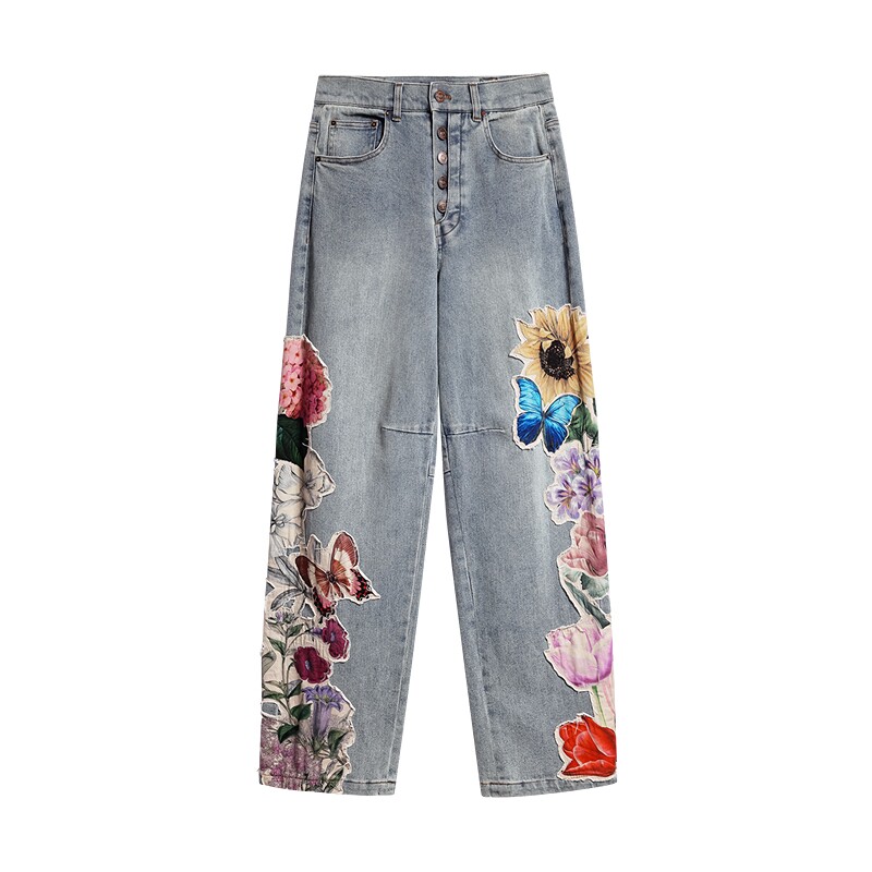 Desigual26秋冬新品手绘花圃印花贴布绣装饰女式牛仔裤