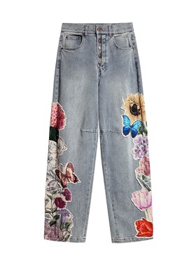 Desigual26秋冬新品手绘花圃印花贴布绣装饰女式牛仔裤