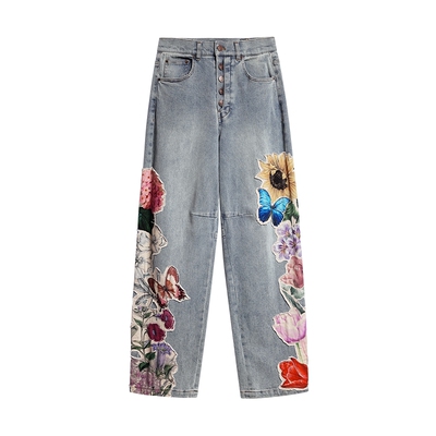 Desigual26秋冬新品手绘花圃印花贴布绣装饰女式牛仔裤