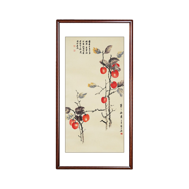 纯手绘事事如意柿子图客厅字画竖版国画新中式进门入户玄关挂画