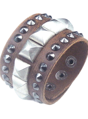 方钉骷髅头小钉原生棕色牛皮手链