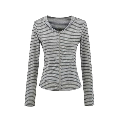 美式复古条纹连帽针织开衫