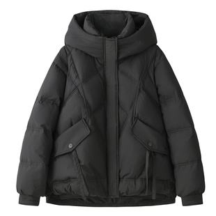 2025年新款女装冬季宽松大码短款羽绒服女小个子黑色连帽鸭绒外套