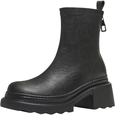 天美意厚底增高切尔西弹力靴女鞋子加绒时装靴皮短靴2025冬季新款