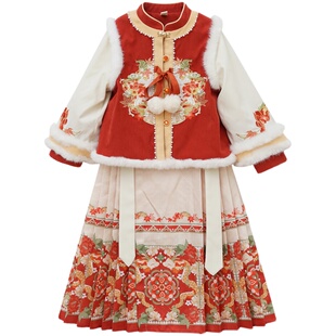 汉服女童秋冬款宝宝古风唐装新中式套装喜庆新年装过年国风拜年服