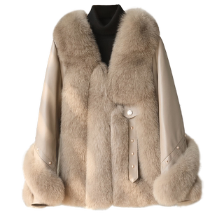 进口狐狸毛真皮草大衣女2025冬气质拼接绵羊皮保暖鹅绒羽绒服外套