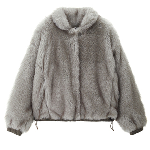 设计师款佐丹奴双面穿外套女装仿毛环保皮草宽松翻领夹克18375922