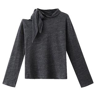 【大额立减】春秋韩系高级感别致上衣设计感蝴蝶结深灰露肩t恤女