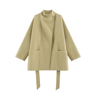 斜门襟中长款双面呢大衣
