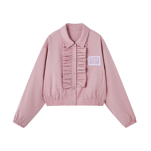 BJHG不计后果美式复古夹克女春季新款翻领短款上衣学院风格纹外套