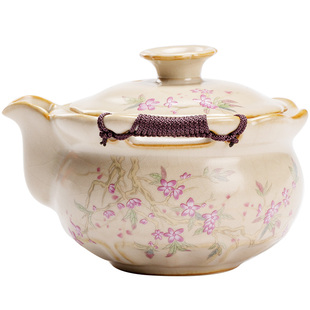 米黄汝窑手抓壶大号盖碗茶杯茶盘防烫泡茶碗开片高端功夫茶具套装