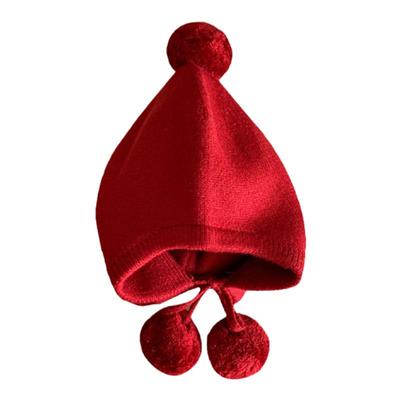婴儿帽子北欧风红色喜庆过年帽新生宝宝两色针织毛线帽护耳球球帽