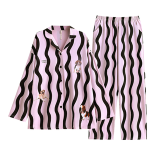 悦内睡衣女款春秋款秋季秋天纯棉长袖家居服条纹可外穿可出门套装