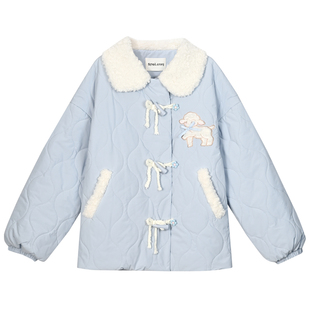 森女部落可爱蓝色羊羔绒娃娃领棉衣棉服女冬2025小个子棉袄外套秋