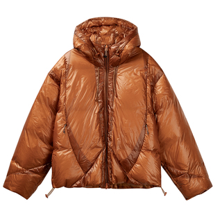 漫渡户外短款90绒连帽羽绒服女橙色加厚保暖宽松面包服白鸭绒外套