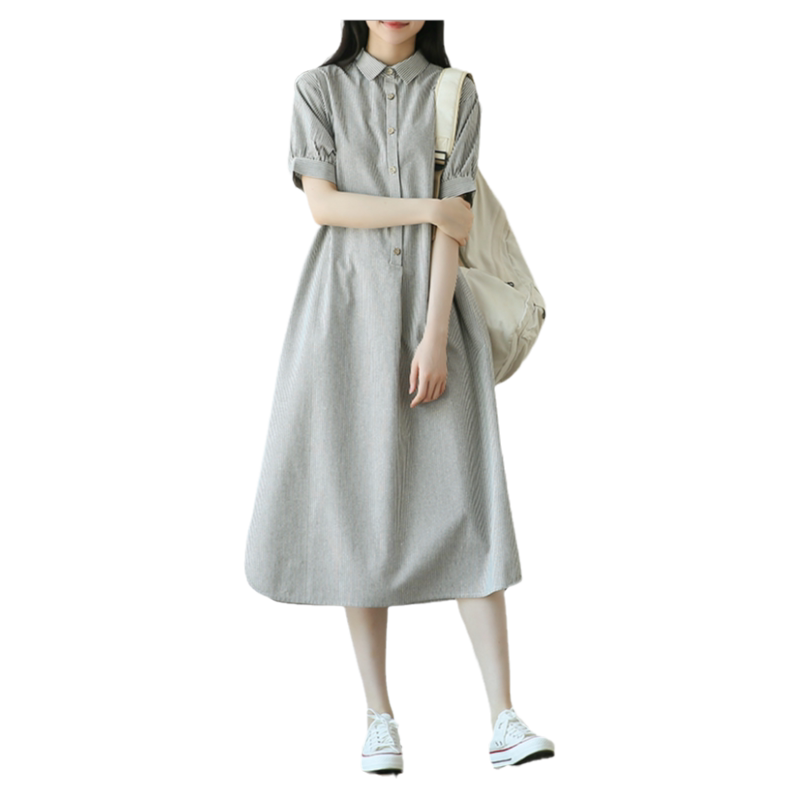 SUIN2025春夏新款文艺宽松大码休闲气质短袖条纹衬衫长款连衣裙女