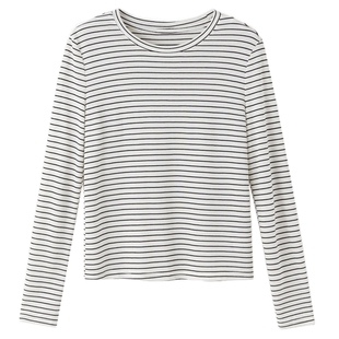 德玛纳莱赛尔绵羊毛混纺T恤女26春秋新款圆领长袖条纹打底衫上衣