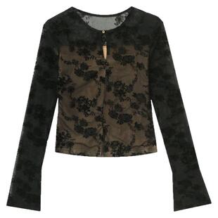 加绒打底衫女秋冬欧货植绒网纱上衣洋气内搭性感镂空蕾丝长袖t恤