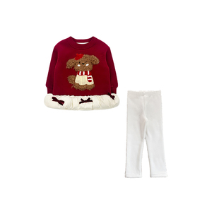 女童红色卡通小狗加绒加厚卫衣冬季保暖圆领长袖上衣可爱风年服