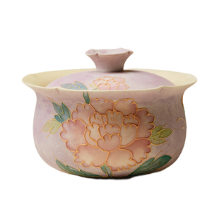 梵汝 手绘立体堆雕牡丹花盖碗紫烟粉彩手工泡茶碗沏茶碗创意茶具