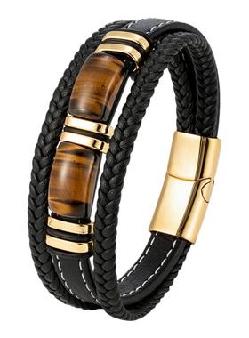 天然黄虎眼石手串男生小众复黑色真皮手链男士手饰轻奢潮流礼物