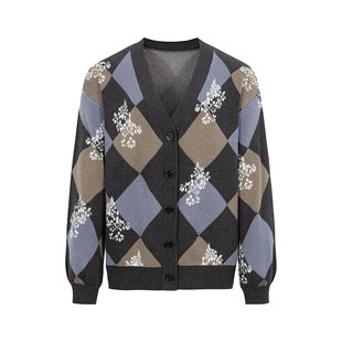 Funnel in菱形格复古花朵嵌花宽松套头毛衣针织衫秋冬