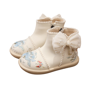 汉服鞋女童秋冬新款靴子古风皮鞋配马面裙新中式国风儿童绣花鞋