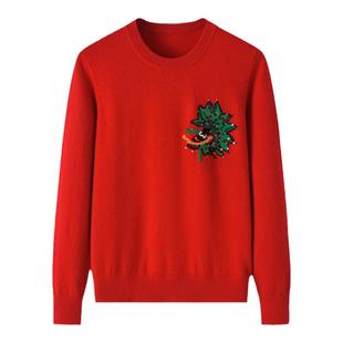 本命年红色亲子装羊绒衫女100纯山羊绒内蒙古发货手绣龙生肖毛衣