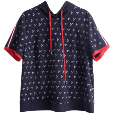 胖太太T恤碎花图案连帽宽松舒适