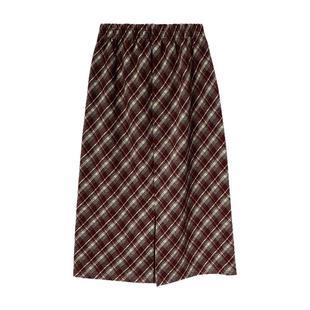 红格子半身裙女秋冬中长款高腰开叉复古休闲宽松显瘦松紧腰直筒裙
