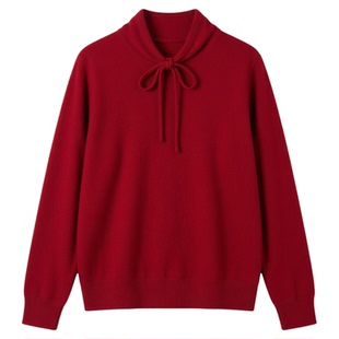波尔多红色抽绳半高领毛衣女冬季新款加厚软糯内搭针织打底衫上衣