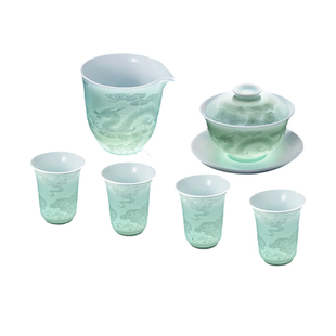 景德镇官方陶瓷影青雕刻茶具套装茶杯公道杯盖碗功夫茶具组合送礼