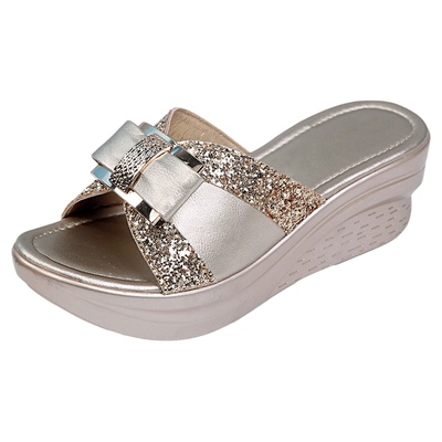 时尚新款坡跟蝴蝶结拖鞋