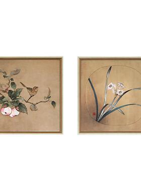 若奈新中式兰花桃枝灵鸟装饰画